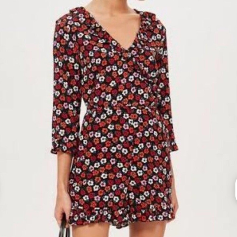 Topshop Black Floral 3/4 Sleeve Romper